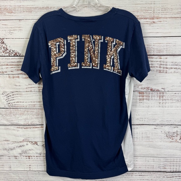 PINK Victoria's Secret bling Navy Tee with Sequin Letters size small Tshirt - Picture 1 of 6